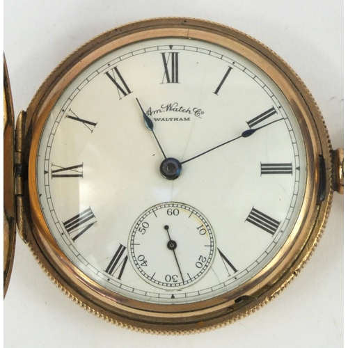 1289 - Gold plated Waltham full hunter pocket watch with engraved floral decoration, 5.5cm diameter