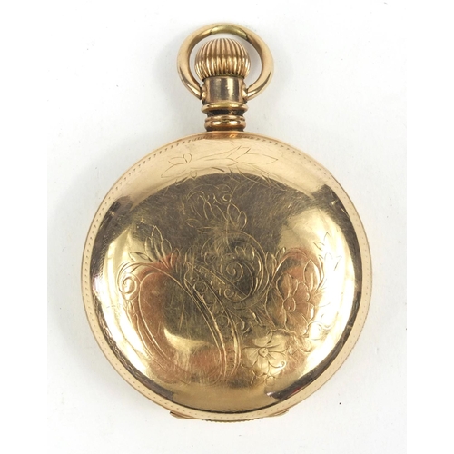 1289 - Gold plated Waltham full hunter pocket watch with engraved floral decoration, 5.5cm diameter