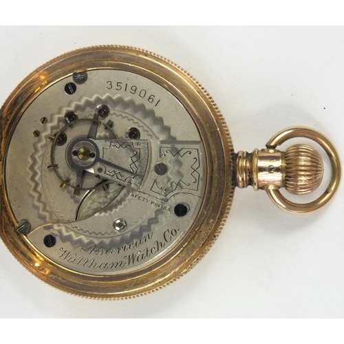 1289 - Gold plated Waltham full hunter pocket watch with engraved floral decoration, 5.5cm diameter