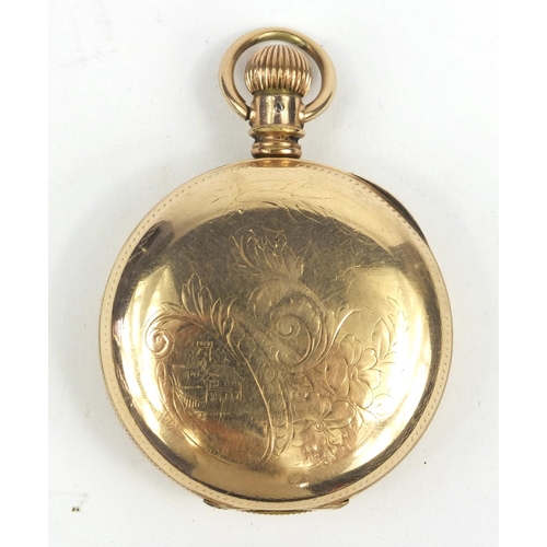 1289 - Gold plated Waltham full hunter pocket watch with engraved floral decoration, 5.5cm diameter