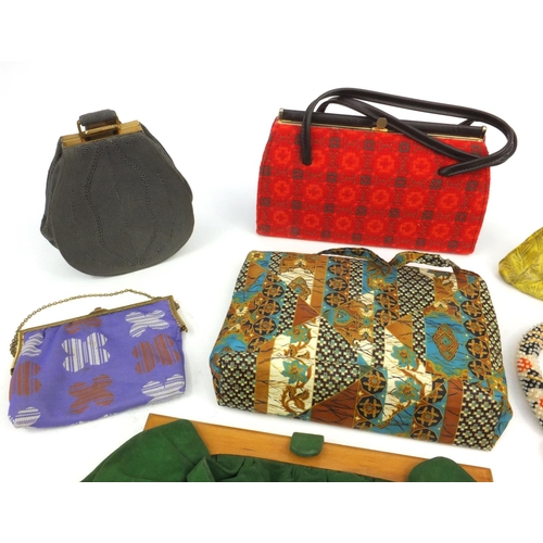 179 - Selection of 1970s vintage lady's handbags including beaded example, the largest 29cm wide