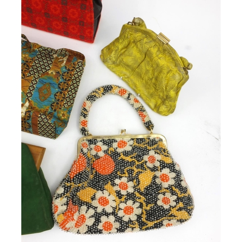 179 - Selection of 1970s vintage lady's handbags including beaded example, the largest 29cm wide