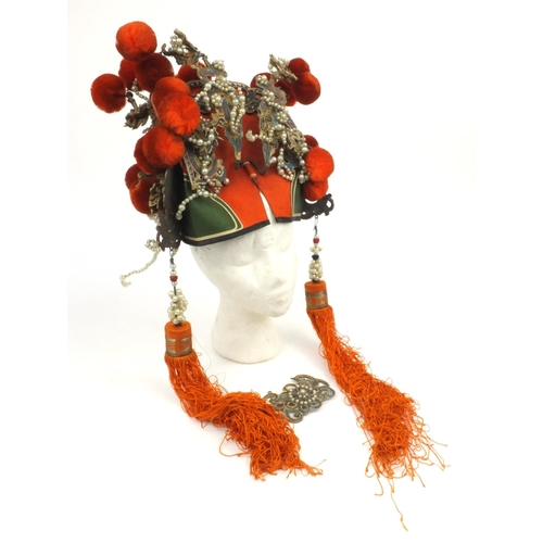 157 - Vintage Edwardian oriental Chinese leather beaded theatrical headdress with pompoms, 34cm diameter