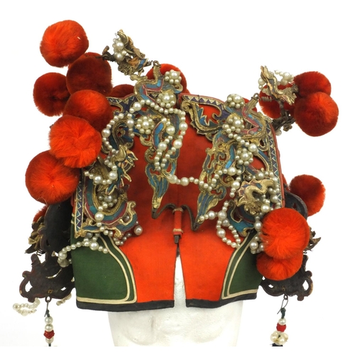 157 - Vintage Edwardian oriental Chinese leather beaded theatrical headdress with pompoms, 34cm diameter