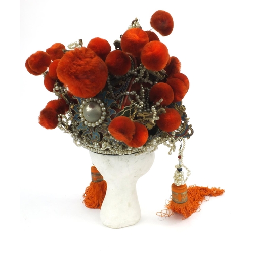 157 - Vintage Edwardian oriental Chinese leather beaded theatrical headdress with pompoms, 34cm diameter