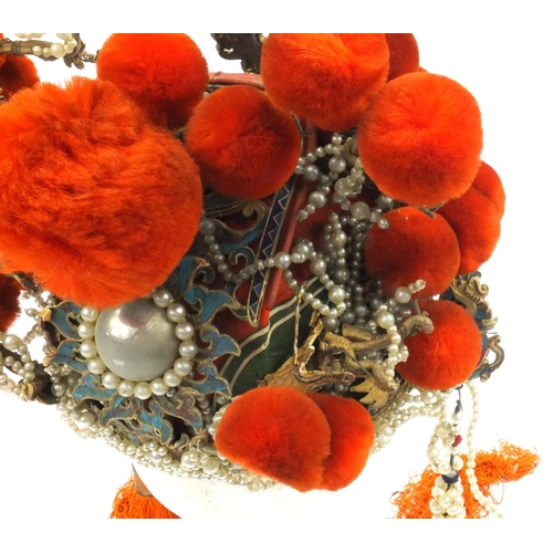 157 - Vintage Edwardian oriental Chinese leather beaded theatrical headdress with pompoms, 34cm diameter