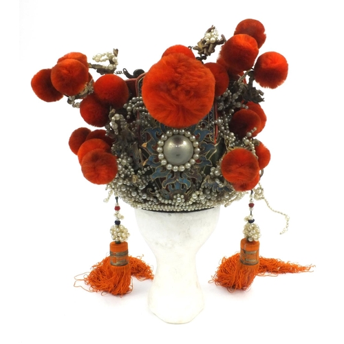 157 - Vintage Edwardian oriental Chinese leather beaded theatrical headdress with pompoms, 34cm diameter