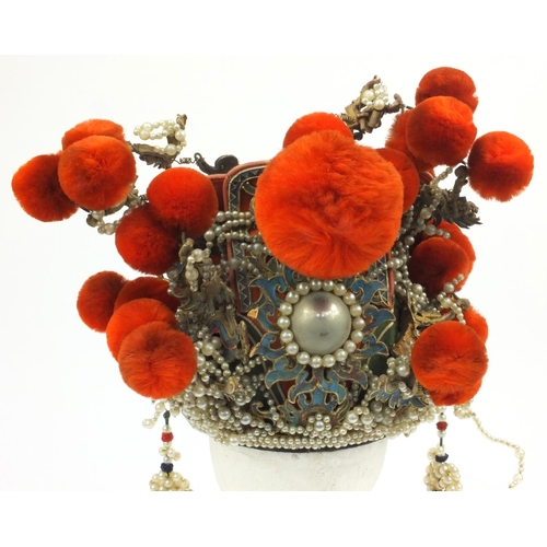 157 - Vintage Edwardian oriental Chinese leather beaded theatrical headdress with pompoms, 34cm diameter