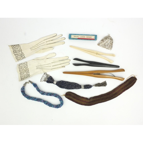 183 - Pair of lady's kidskin gloves, ivory glove stretchers, beaded miser's purses and a boxed hosiery lad... 