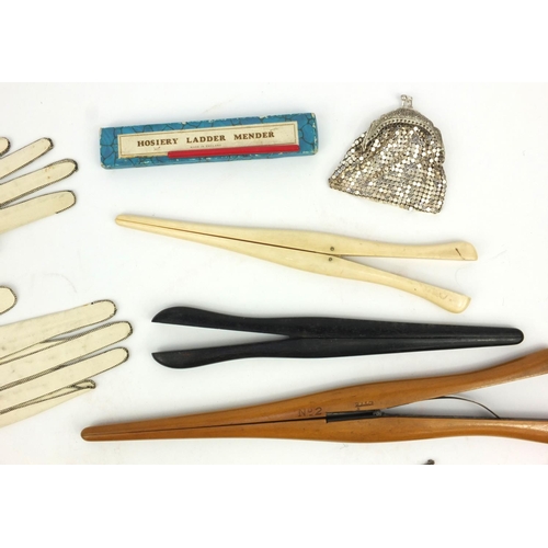 183 - Pair of lady's kidskin gloves, ivory glove stretchers, beaded miser's purses and a boxed hosiery lad... 