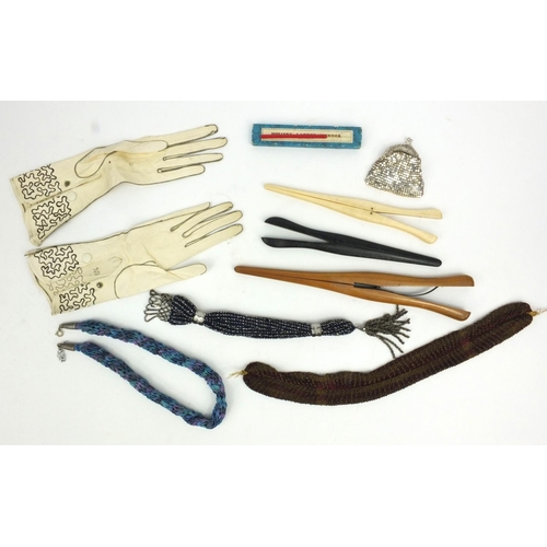 183 - Pair of lady's kidskin gloves, ivory glove stretchers, beaded miser's purses and a boxed hosiery lad... 