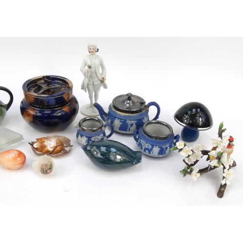 481 - Assorted china and glassware including a Wedgwood mushroom paperweight, Lalique style bird, pottery ... 