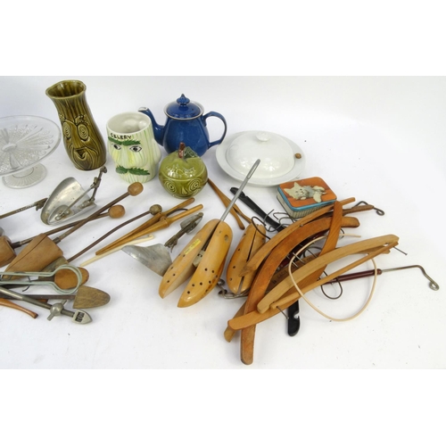 480 - Box of items including enamelled bread bin, face jars, shoe stretchers, etc