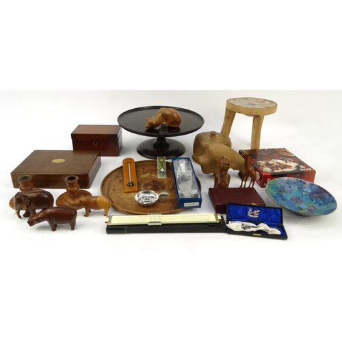 471 - Box of assorted wooden items including Lazy Susan, jewellery box, carved animals, some silver plated... 