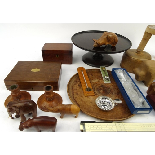 471 - Box of assorted wooden items including Lazy Susan, jewellery box, carved animals, some silver plated... 