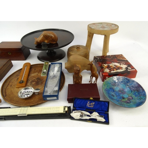 471 - Box of assorted wooden items including Lazy Susan, jewellery box, carved animals, some silver plated... 