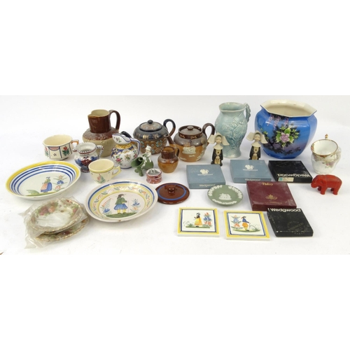 458 - Box of assorted china including Royal Doulton stoneware teapots, Quimper ware items, Arthur Wood jug... 