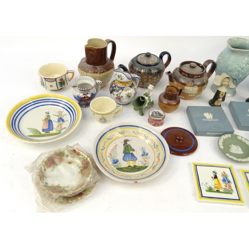 458 - Box of assorted china including Royal Doulton stoneware teapots, Quimper ware items, Arthur Wood jug... 