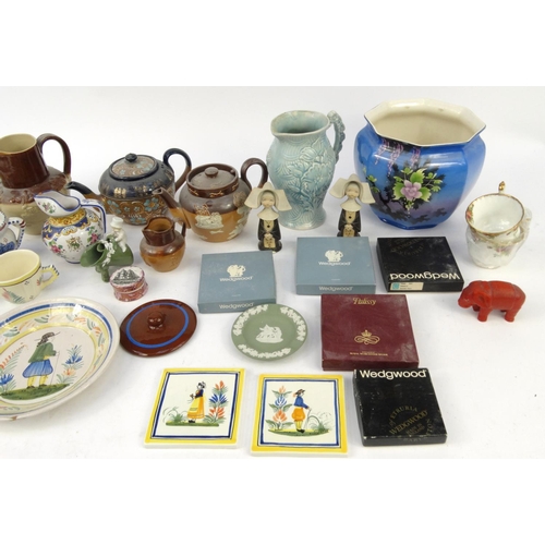 458 - Box of assorted china including Royal Doulton stoneware teapots, Quimper ware items, Arthur Wood jug... 