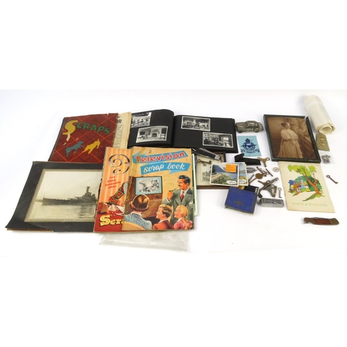 478 - Box of assorted ephemera including photo of HMS Renown, Victorian scrap album, album of photographs,... 