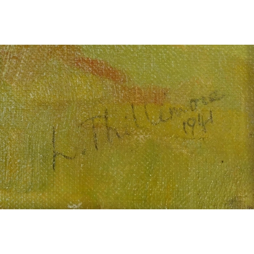 59 - Oil onto canvas of Corfe Castle, Dorset, signed Lucy Phillimore 1941, label to the reverse, contempo... 