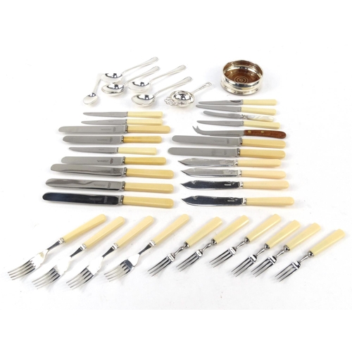 485 - Small selection of silver plated cutlery with ivorine handles, silver plated wine coaster, etc