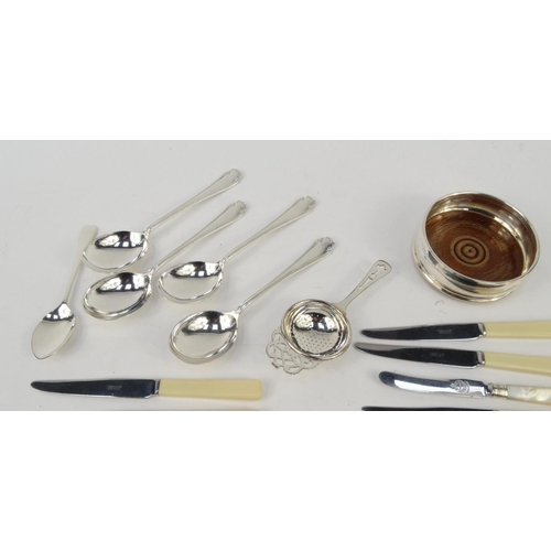 485 - Small selection of silver plated cutlery with ivorine handles, silver plated wine coaster, etc