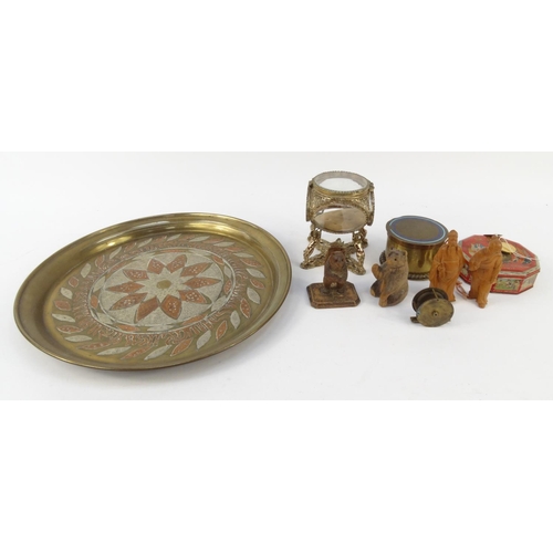 420 - Assorted metal and wooden items including brass and glass jewel box, oriental carved wooden figures,... 