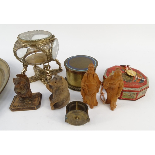 420 - Assorted metal and wooden items including brass and glass jewel box, oriental carved wooden figures,... 