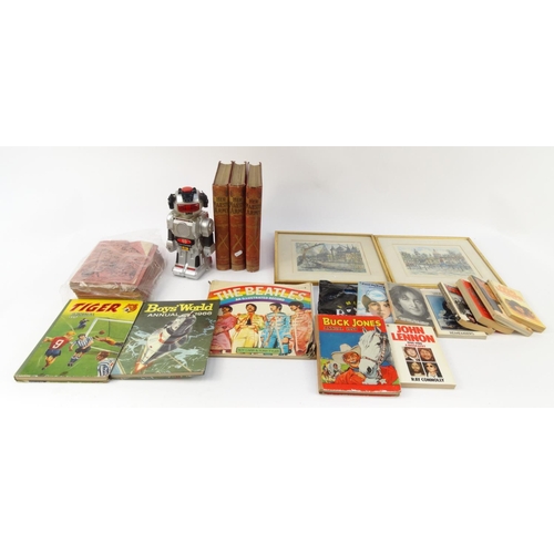 477 - Box of assorted ephemera including three volumes of Her Majesty's Army, Beatles books, toy robot, et... 