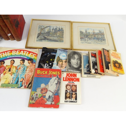 477 - Box of assorted ephemera including three volumes of Her Majesty's Army, Beatles books, toy robot, et... 