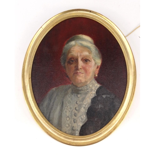 446 - Oval oil onto board portrait of an elderly lady, label to the reverse, Rebecca (nee Cofman Nicoresti... 