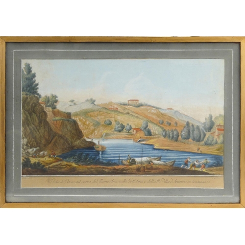 543 - F. Morghen coloured engraving of boats on a stream before hills, mounted and framed, 47cm x 30cm exc... 