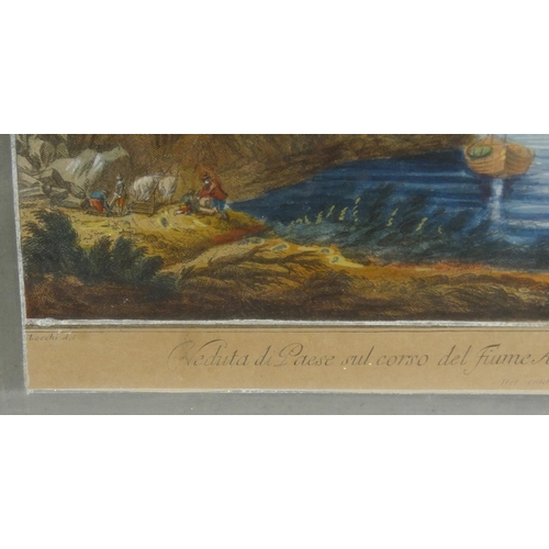 543 - F. Morghen coloured engraving of boats on a stream before hills, mounted and framed, 47cm x 30cm exc... 