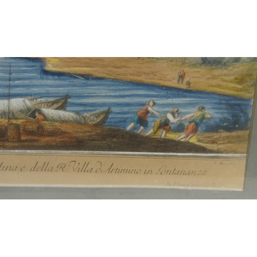 543 - F. Morghen coloured engraving of boats on a stream before hills, mounted and framed, 47cm x 30cm exc... 