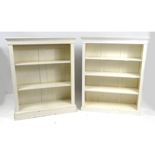 21 - Pair of painted wood three shelf open bookcases, 113cm high x 92cm wide x 28cm deep