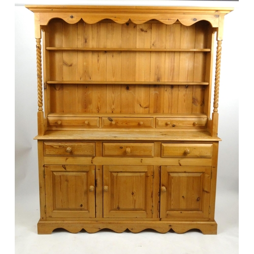 8 - Pine dresser fitted with open plate rack above three drawers and cupboard base, 194cm high x 158cm w... 