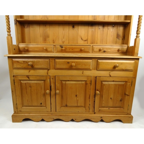 8 - Pine dresser fitted with open plate rack above three drawers and cupboard base, 194cm high x 158cm w... 