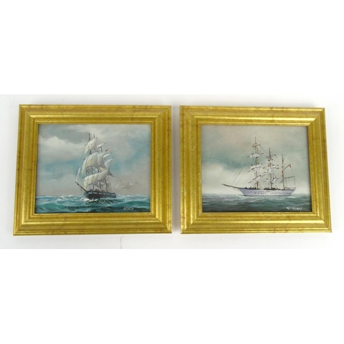 538 - Two gilt framed oil onto canvas views of ships at sea, 26cm x 21cm excluding the frames