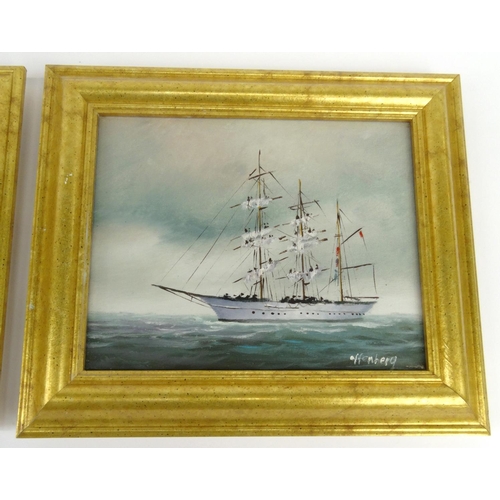 538 - Two gilt framed oil onto canvas views of ships at sea, 26cm x 21cm excluding the frames