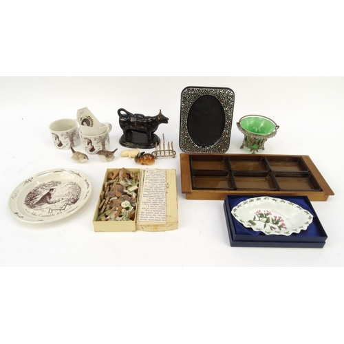 508 - Box of items including lustre cow creamer, Karl Enz rabbit, mother of pearl style photo frame, Staff... 