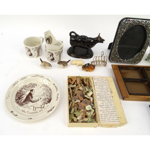 508 - Box of items including lustre cow creamer, Karl Enz rabbit, mother of pearl style photo frame, Staff... 