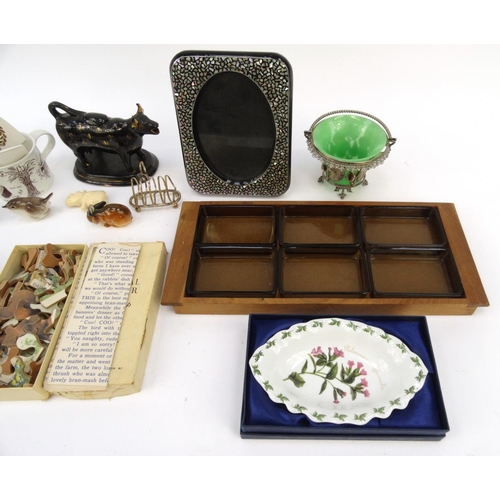 508 - Box of items including lustre cow creamer, Karl Enz rabbit, mother of pearl style photo frame, Staff... 