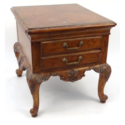 23 - Carved inlaid walnut two drawer bedside chest, 64cm high x 60cm wide x 68cm deep