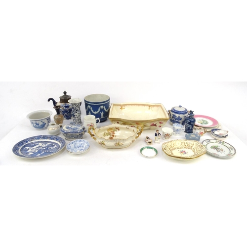 462 - Assorted china including Wedgwood jardinière, Old Willow biscuit barrel, Doulton Burslem teapot, Cro... 