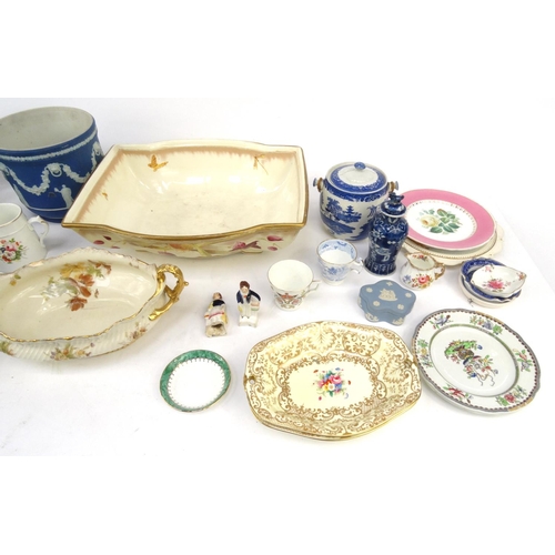 462 - Assorted china including Wedgwood jardinière, Old Willow biscuit barrel, Doulton Burslem teapot, Cro... 