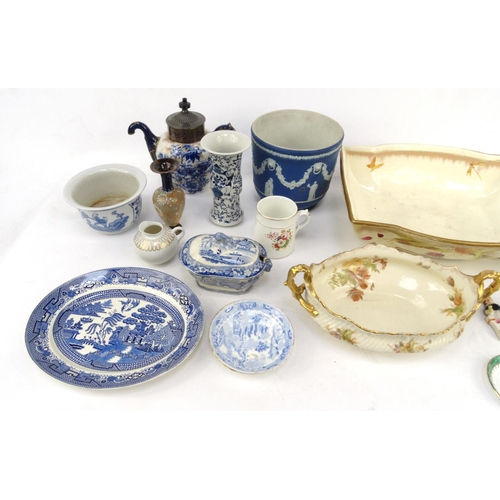 462 - Assorted china including Wedgwood jardinière, Old Willow biscuit barrel, Doulton Burslem teapot, Cro... 