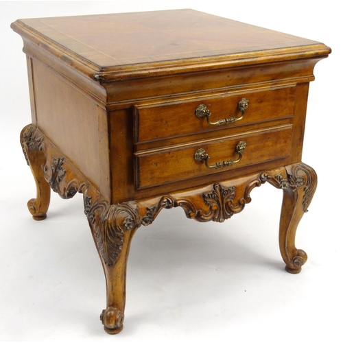 22 - Carved inlaid walnut two drawer bedside chest, 64cm high x 60cm wide x 68cm deep