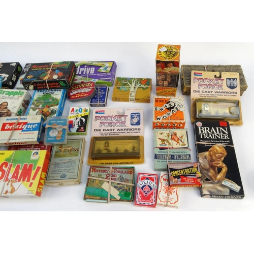 520 - Box of assorted vintage toys including Pocket Force die cast warriors, playing cards, Lotto Pit, etc