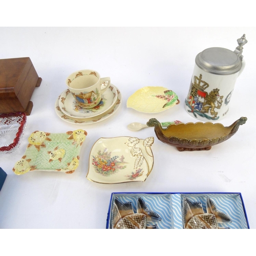 490 - Assorted china and glassware including Royal Doulton Bunnykins items, Wade dish, Carltonware leaf di... 